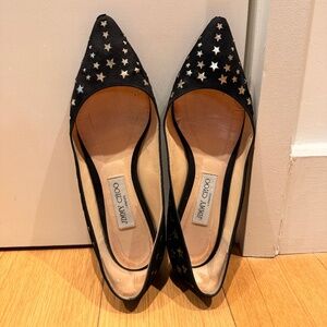 Jimmy Choo - Black Suede / Gold Star Pointed Flats - Size 38.5